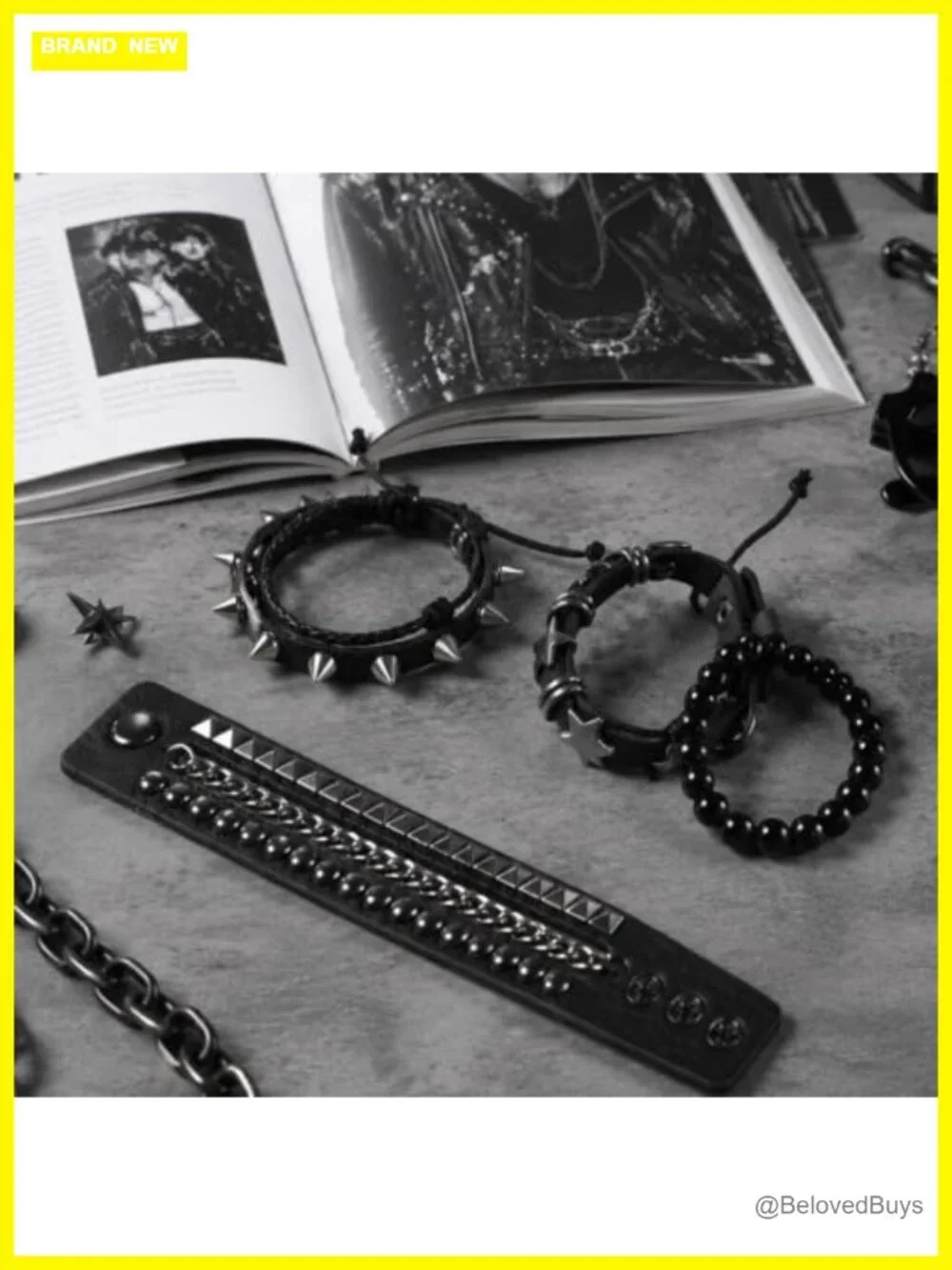 4pc Studded PU Leather Punk Cuff Bracelet Set Unisex Adjustable